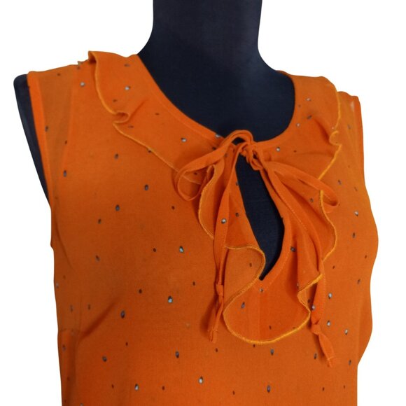 Cabi XS Tank Top Blouse Sleeveless Orange Sprinkle Polka Dot Ruffle Collar 3764 - Picture 5 of 9